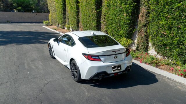 Toyota GR86 White Vinyl Wrap Rear Three Quarter Hedge, by Wrap Labs, Westlake Village