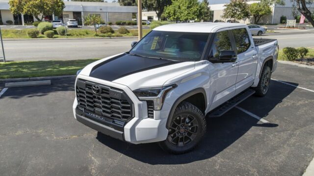 Toyota Tundra TRD Pro Silver PPF Black Hood Stripe Front 3Quarter Parking Lot, by Wrap Labs, Westlake Village