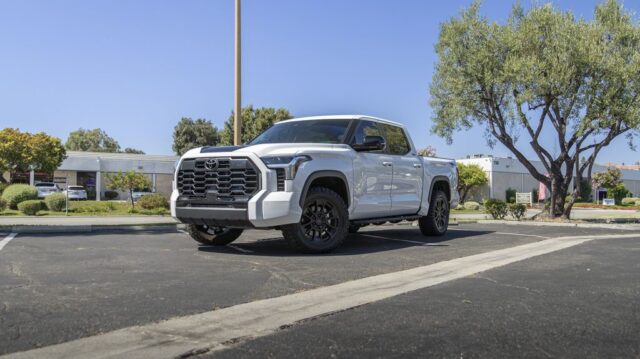 Toyota Tundra TRD Pro Silver PPF Black Hood Stripe Front 3Quarter Street, by Wrap Labs, Westlake Village