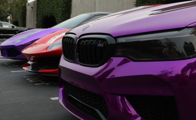 WrapLabs Shop BMW M5 Purple Chrome Ferrari 488 Red Lamborghini Purple Multi Car Lineup Grille Close, by Wrap Labs, Westlake Village
