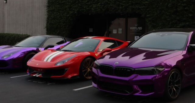 WrapLabs Shop BMW M5 Purple Chrome Ferrari 488 Red White Lamborghini Purple Multi Car Lineup Wide, by Wrap Labs, Westlake Village