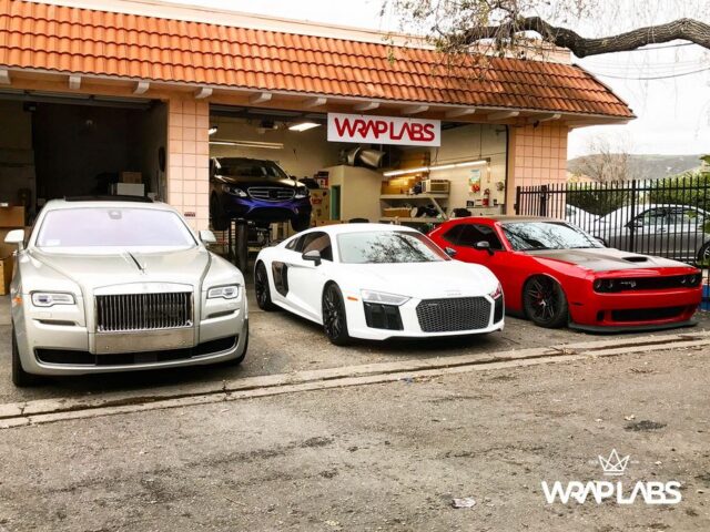 WrapLabs Shop Rolls Royce Ghost Silver Audi R8 White Dodge Challenger Red Lineup Front, by Wrap Labs, Westlake Village