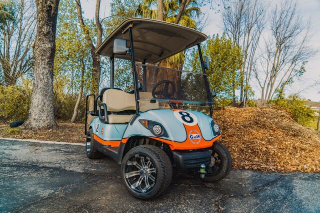 Yamaha Golf Cart Gulf Livery Vinyl Wrap Front Three Quarter Outdoor, by Wrap Labs, Westlake Village