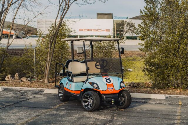 Yamaha Golf Cart Gulf Livery Vinyl Wrap Front Three Quarter Porsche Building, by Wrap Labs, Westlake Village