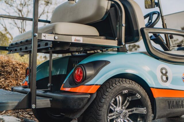 Yamaha Golf Cart Gulf Livery Vinyl Wrap Rear Quarter Taillight Detail, by Wrap Labs, Westlake Village