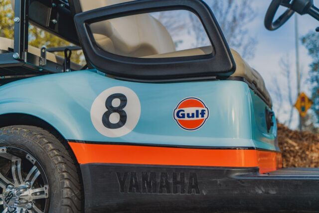Yamaha Golf Cart Gulf Livery Vinyl Wrap Side Badge Detail, by Wrap Labs, Westlake Village