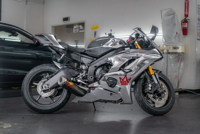 Yamaha R6 Chrome Silver Vinyl Wrap Full Side Profile Shop Indoor, by Wrap Labs, Westlake Village